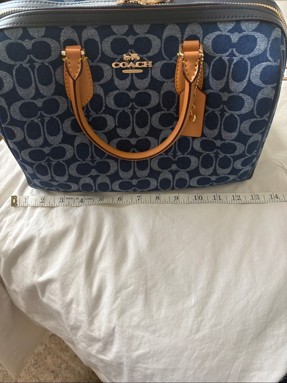 Coach Blue Signature Dome Satchel with Tan Leather Trim - Picture 9 of 11